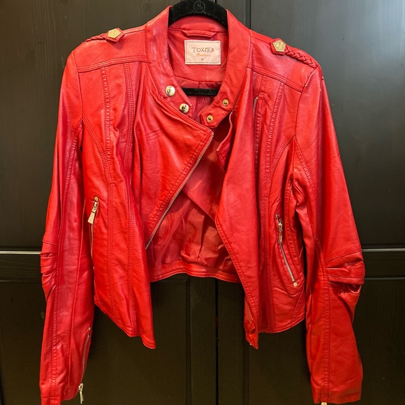 womens red faux leather biker jacket toxik fashion size medium - Picture 1 of 16